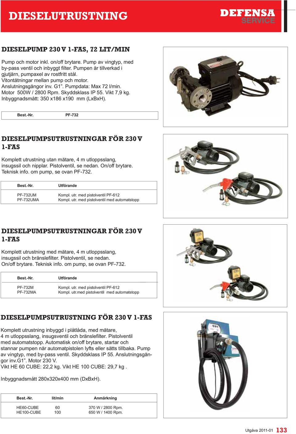 PF-732 DIESELPUMPSUTRUSTNINGAR FÖR 230 V 1-FAS Komplett utrustning utan mätare, 4 m utloppsslang, insugssil och nipplar. Pistolventil, se nedan. On/off brytare. Teknisk info. om pump, se ovan PF-732.