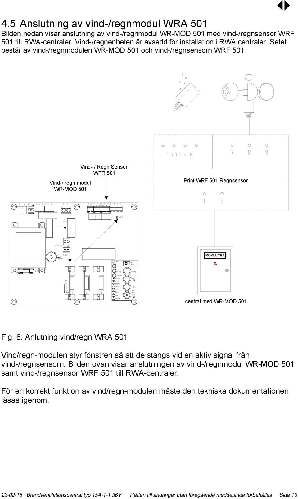 Setet består av vind-/regnmodulen WR-MOD 501 och vind-/regnsensorn WRF 501 Vind-/ regn modul WR-MOD 501 Vind- / Regn Sensor WFR 501 Print WRF 501 Regnsensor RÖKLUCKA central med WR-MOD 501 Fig.
