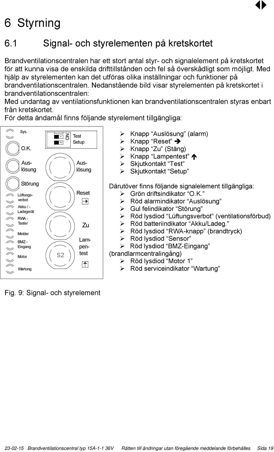 överskådligt som möjligt. Med hjälp av styrelementen kan det utföras olika inställningar och funktioner på brandventilationscentralen.