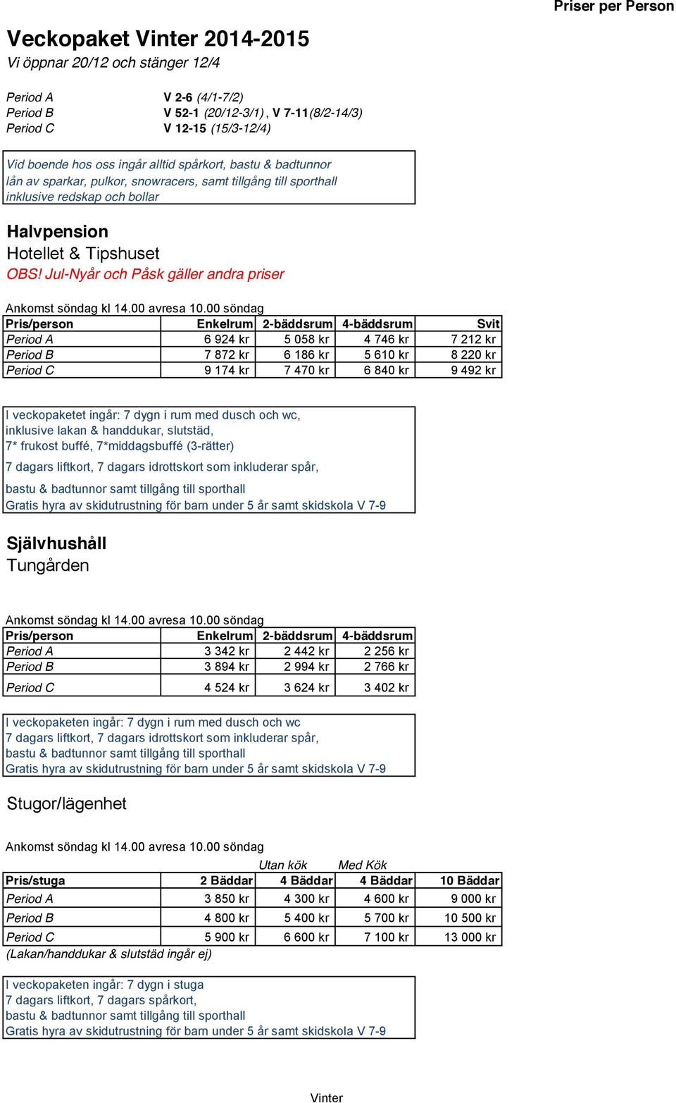 Jul-Nyår och Påsk gäller andra priser Period A 6 924 kr 5 058 kr 4 746 kr 7 212 kr Period B 7 872 kr 6 186 kr 5 610 kr 8 220 kr Period C 9 174 kr 7 470 kr 6 840 kr 9 492 kr I veckopaketet ingår: 7