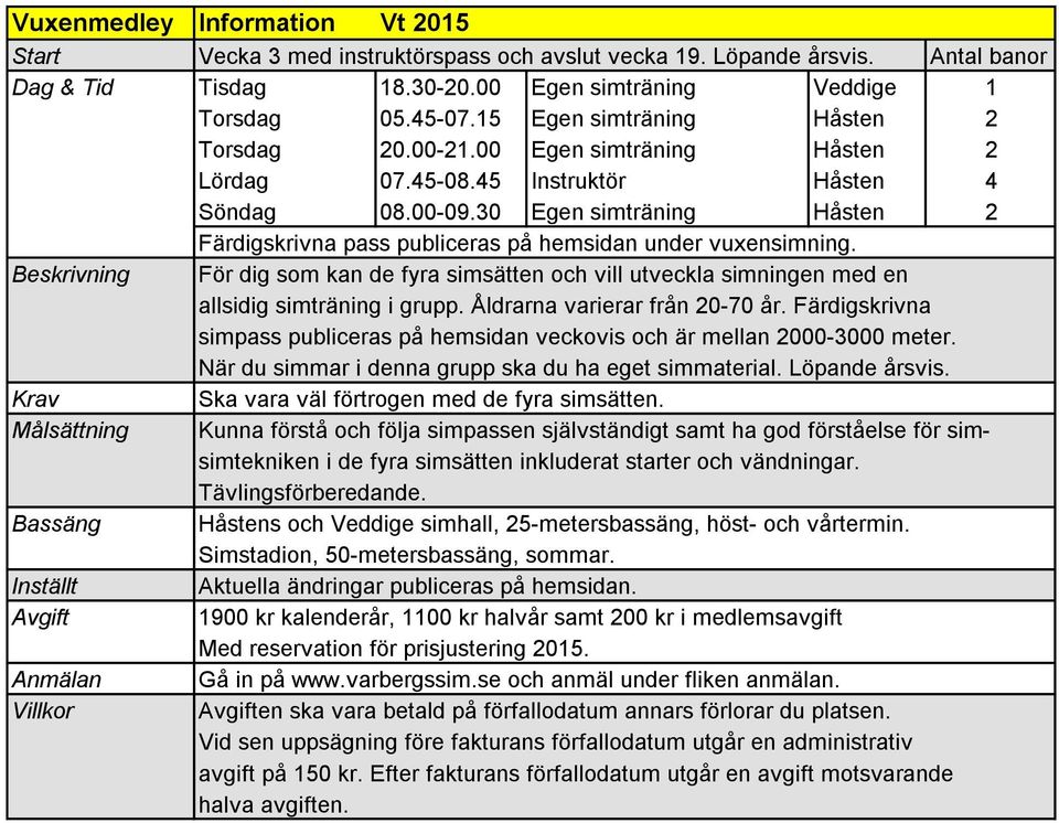 30 Egen simträning Håsten 2 Färdigskrivna pass publiceras på hemsidan under vuxensimning. Beskrivning För dig som kan de fyra simsätten och vill utveckla simningen med en allsidig simträning i grupp.