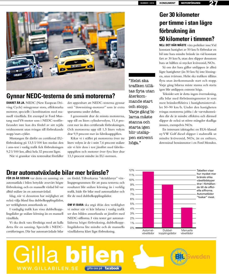 Ett exempel är Ford Mustang med V8-motor som i NEDC-testförfarandet inte kan dra fördel av sitt rejäla vridmoment utan tvingas till förbrukande stopp/start-cykler.