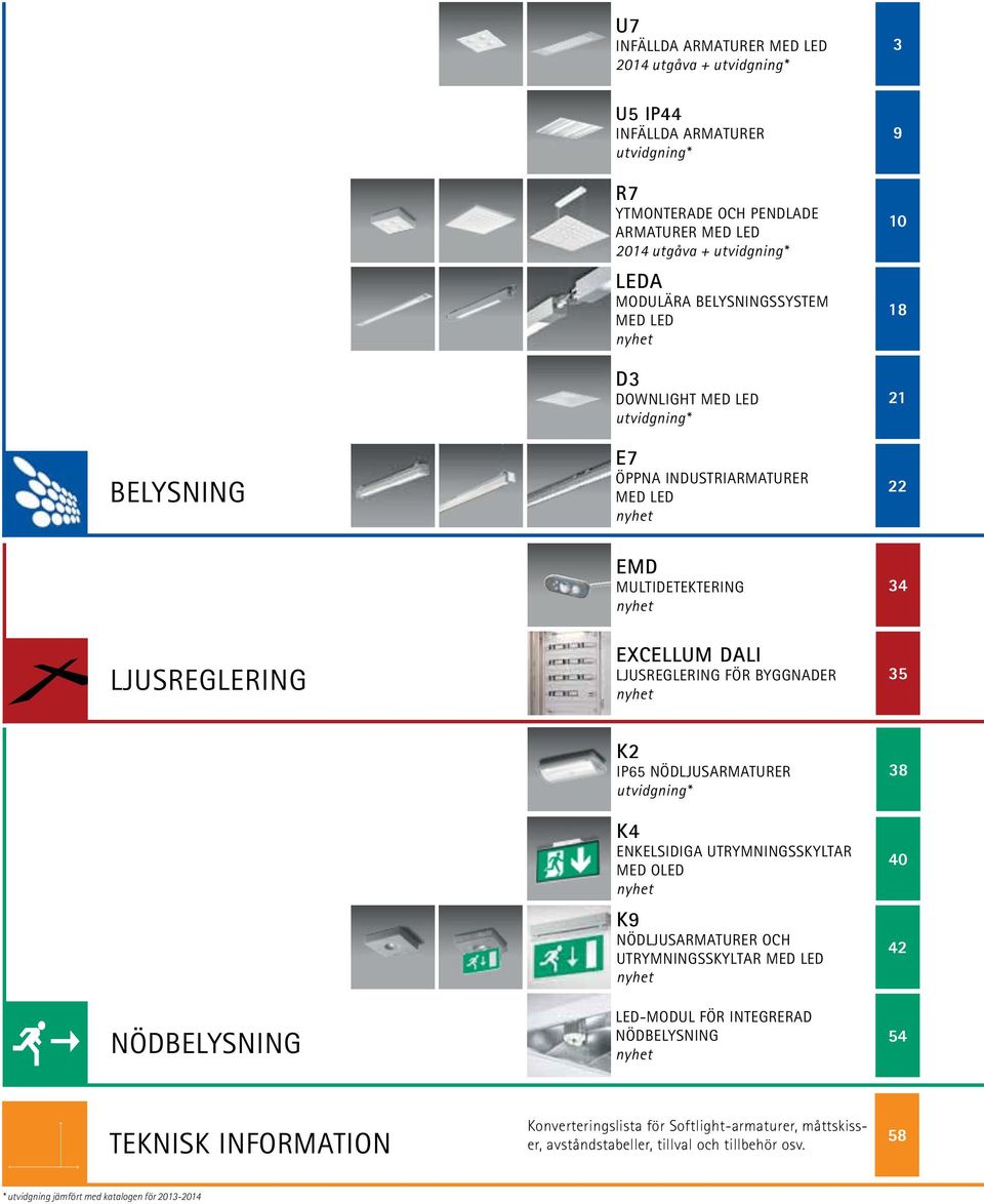 BYGGNADER nyhet 35 NÖDBELYSNING K2 IP65 NÖDLJUSARMATURER utvidgning* K4 ENKELSIDIGA UTRYMNINGSSKYLTAR MED OLED nyhet K9 NÖDLJUSARMATURER OCH UTRYMNINGSSKYLTAR MED LED nyhet LED-MODUL FÖR