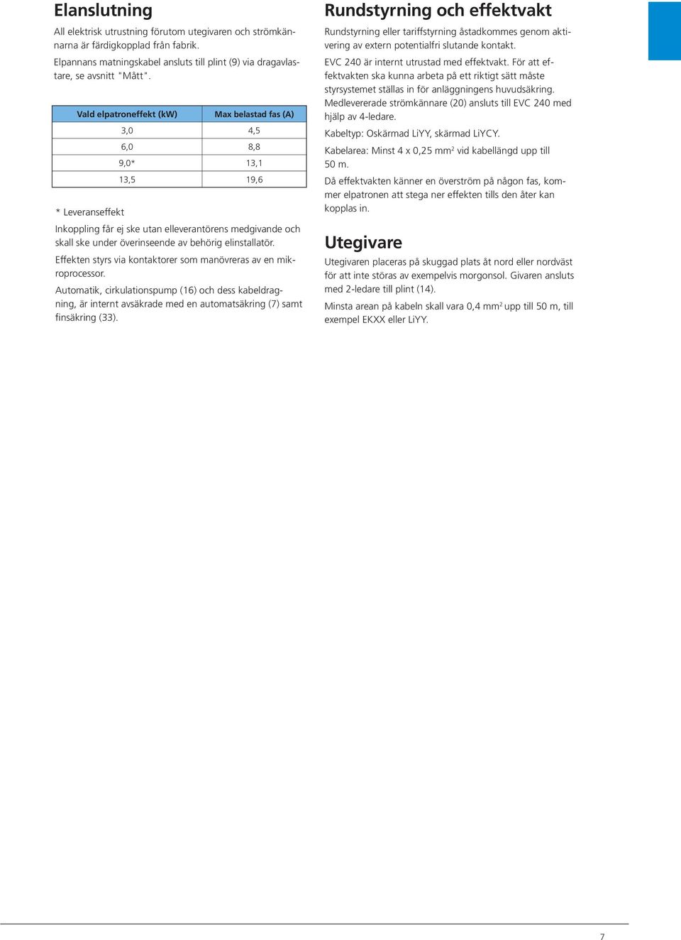 Effekten styrs via kontaktorer som manövreras av en mikroprocessor. Automatik, cirkulationspump () och dess kabeldragning, är internt avsäkrade med en automatsäkring () samt finsäkring ().