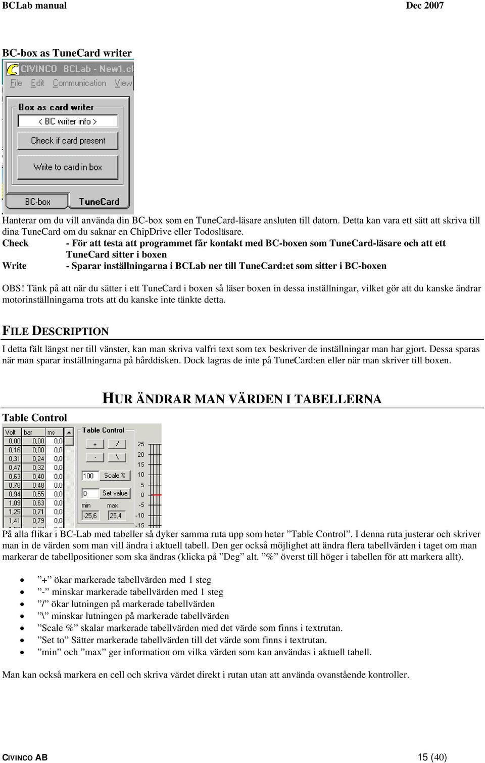Check - För att testa att programmet får kontakt med BC-boxen som TuneCard-läsare och att ett TuneCard sitter i boxen Write - Sparar inställningarna i BCLab ner till TuneCard:et som sitter i BC-boxen