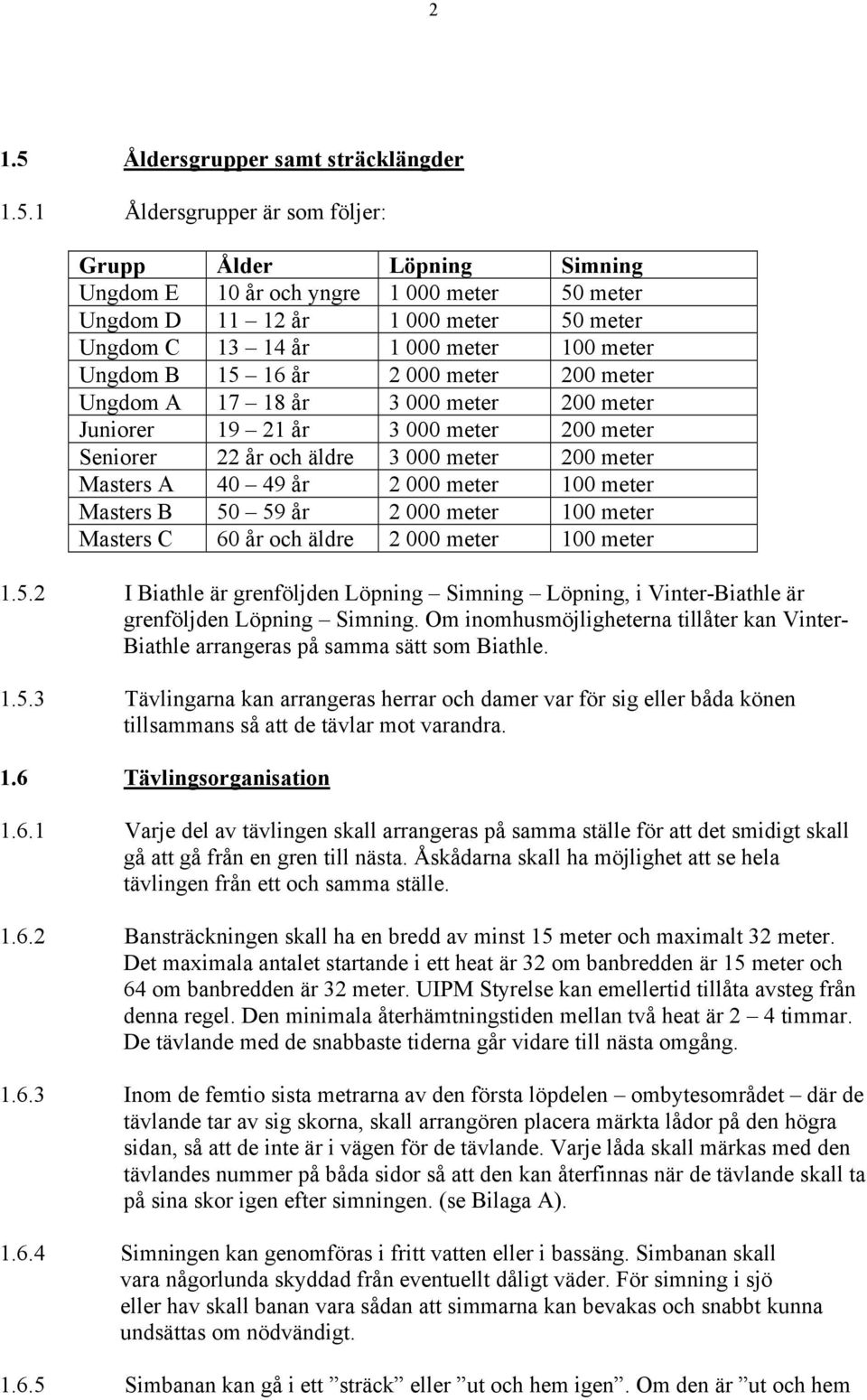 1 Åldersgrupper är som följer: Grupp Ålder Löpning Simning Ungdom E 10 år och yngre 1 000 meter 50 meter Ungdom D 11 12 år 1 000 meter 50 meter Ungdom C 13 14 år 1 000 meter 100 meter Ungdom B 15 16