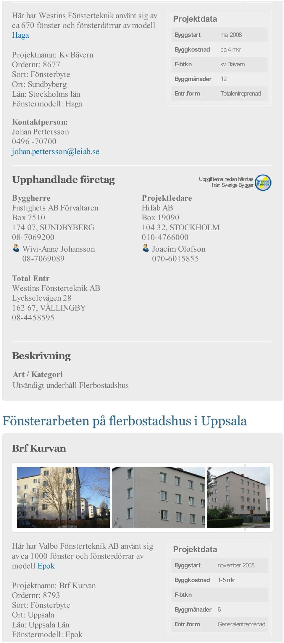 Joacim Olofson 070-6015855 Westins Fönsterteknik AB Lyckselevägen 28 162 67, VÄLLINGBY 08-4458595 Fönsterarbeten på flerbostadshus i Uppsala Brf Kurvan Här har Valbo Fönsterteknik AB använt sig av ca