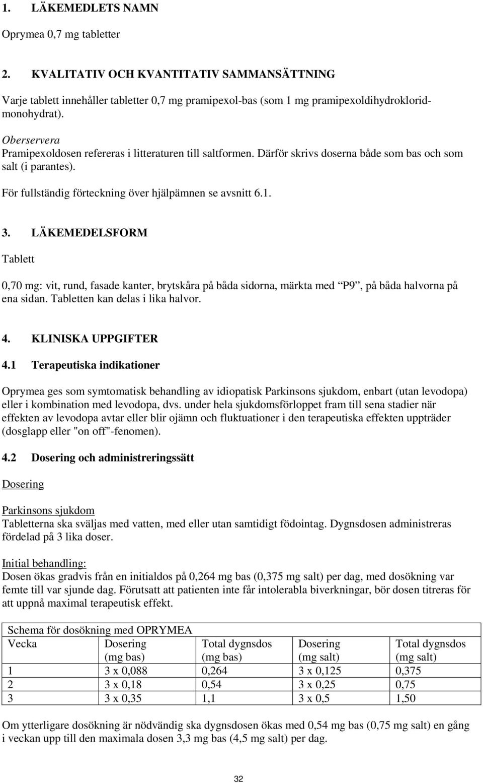 LÄKEMEDELSFORM Tablett 0,70 mg: vit, rund, fasade kanter, brytskåra på båda sidorna, märkta med P9, på båda halvorna på ena sidan. Tabletten kan delas i lika halvor. 4. KLINISKA UPPGIFTER 4.