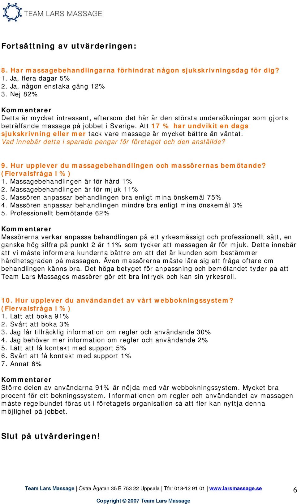 Att 17 % har undvikit en dags sjukskrivning eller mer tack vare massage är mycket bättre än väntat. Vad innebär detta i sparade pengar för företaget och den anställde? 9.