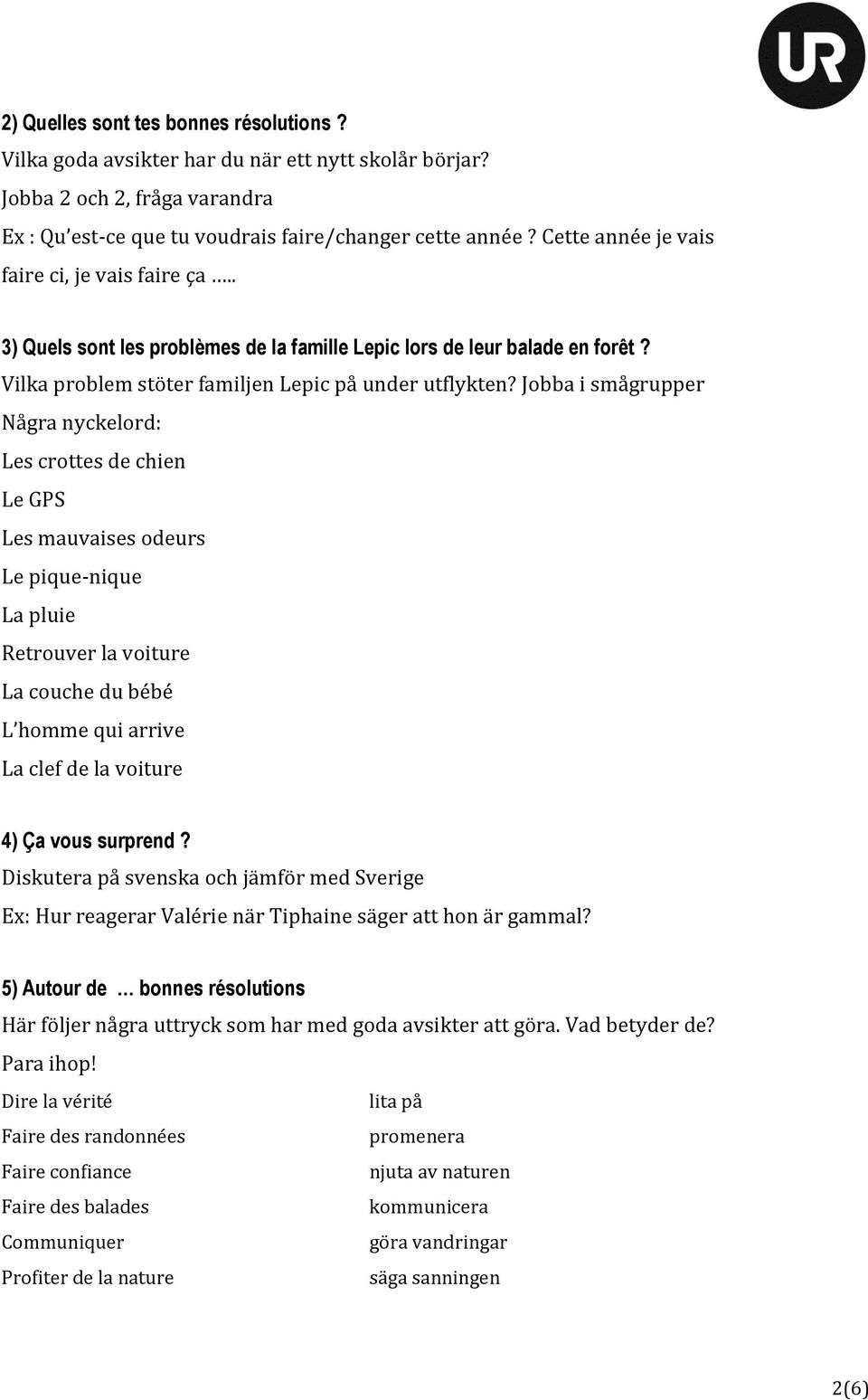 Jobba i smågrupper Några nyckelord: Les crottes de chien Le GPS Les mauvaises odeurs Le pique-nique La pluie Retrouver la voiture La couche du bébé L homme qui arrive La clef de la voiture 4) Ça vous