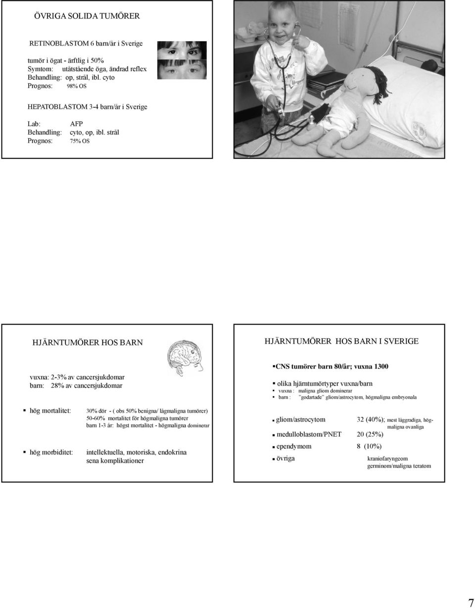 strål 75% OS HJÄRNTUMÖRER HOS BARN HJÄRNTUMÖRER HOS BARN I SVERIGE vuxna: 2-3% av cancersjukdomar barn: 28% av cancersjukdomar CNS tumörer barn 80/år; vuxna 1300 olika hjärntumörtyper vuxna/barn