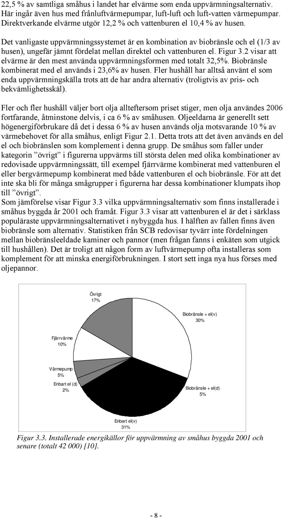 Det vanligaste uppvärmningssystemet är en kombination av biobränsle och el (1/3 av husen), ungefär jämnt fördelat mellan direktel och vattenburen el. Figur 3.