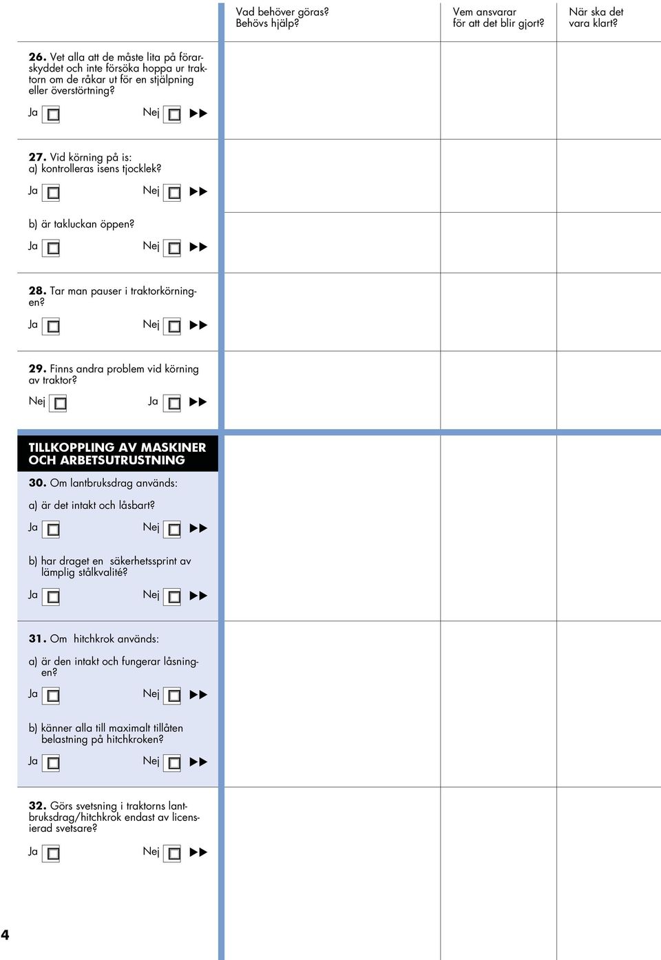 Nej Ja TILLKOPPLING AV MASKINER OCH ARBETSUTRUSTNING 30. Om lantbruksdrag används: a) är det intakt och låsbart? Ja Nej b) har draget en säkerhetssprint av lämplig stålkvalité? Ja Nej 31.