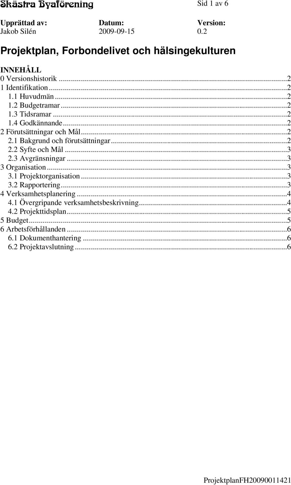 3 Avgränsningar...3 3 Organisation...3 3.1 Projektorganisation...3 3.2 Rapportering...3 4 Verksamhetsplanering...4 4.1 Övergripande verksamhetsbeskrivning.