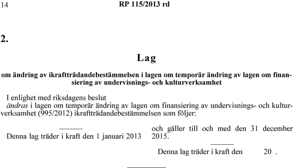 lagen om finansiering av undervisnings- och kulturverksamhet (995/2012) ikraftträdandebestämmelsen som följer: