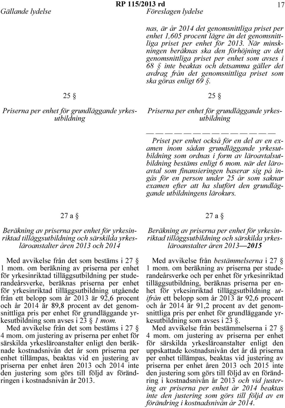 25 Priserna per enhet för grundläggande yrkesutbildning 27 a Beräkning av priserna per enhet för yrkesinriktad tilläggsutbildning och särskilda yrkesläroanstalter åren 2013 och 2014 Med avvikelse