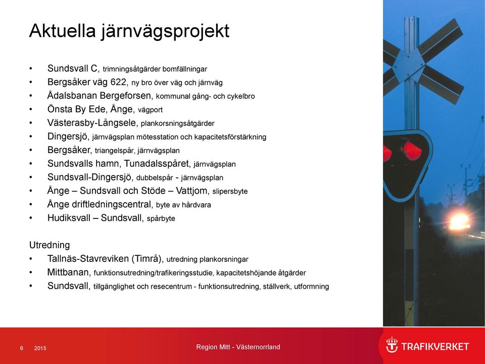 Sundsvall-Dingersjö, dubbelspår - järnvägsplan Ånge Sundsvall och Stöde Vattjom, slipersbyte Ånge driftledningscentral, byte av hårdvara Hudiksvall Sundsvall, spårbyte Utredning Tallnäs-Stavreviken