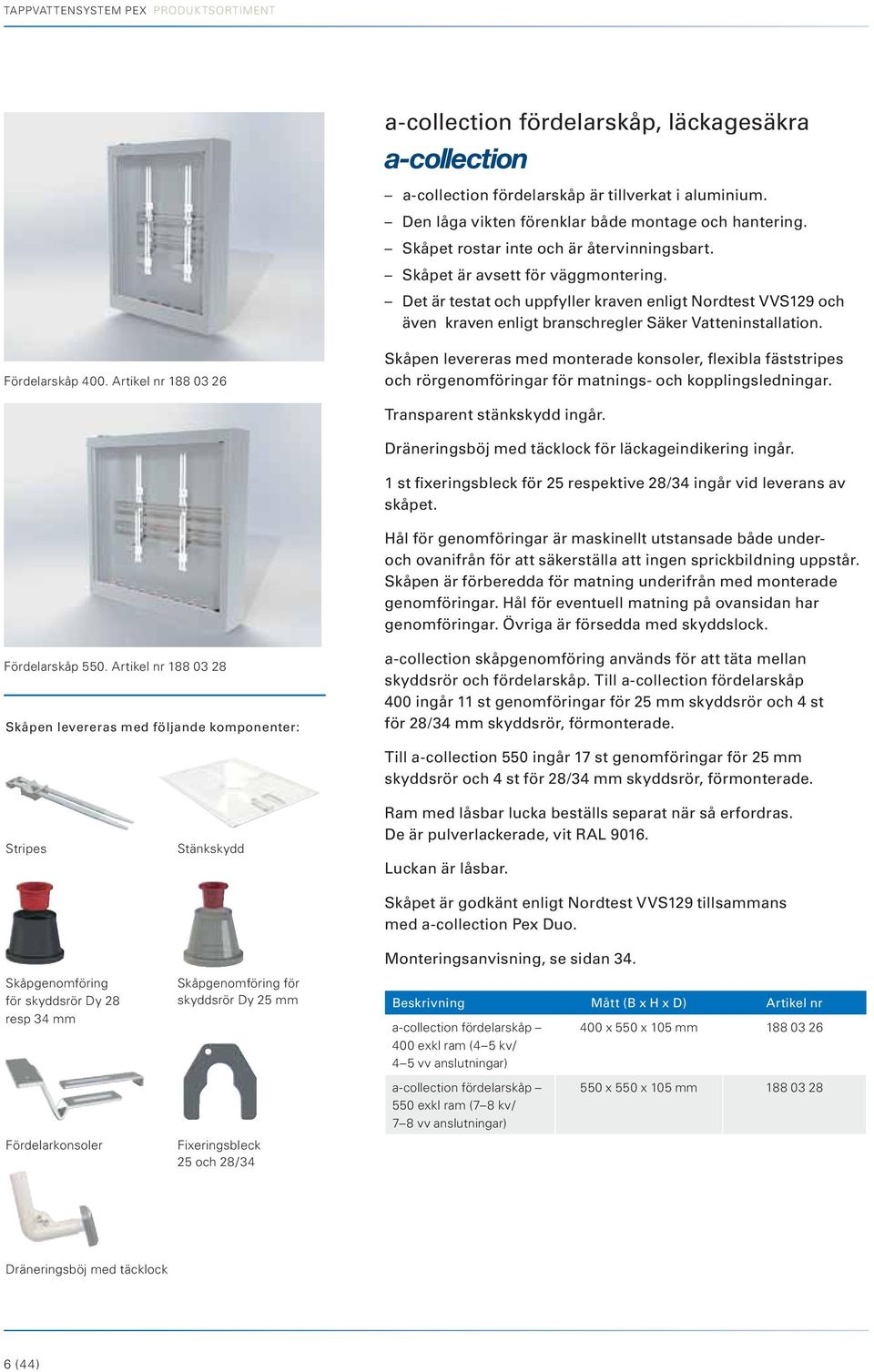 Fördelarskåp 400. Artikel nr 188 03 26 Skåpen levereras med monterade konsoler, flexibla fäststripes och rörgenomföringar för matnings- och kopplingsledningar. Transparent stänkskydd ingår.