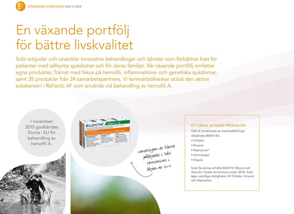 Vi kontraktstillverkar också den aktiva substansen i ReFacto AF som används vid behandling av hemofili A. I november 2015 godkändes Elocta i EU för behandling av hemofili A.