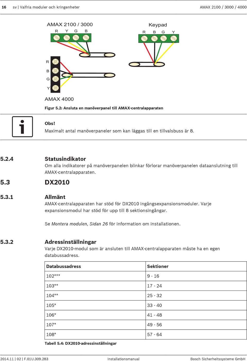 3 Statusindikator Om alla indikatorer på manöverpanelen blinkar förlorar manöverpanelen dataanslutning till AMAX-centralapparaten. DX2010 5.3.1 Allmänt AMAX-centralapparaten har stöd för DX2010 ingångsexpansionsmoduler.