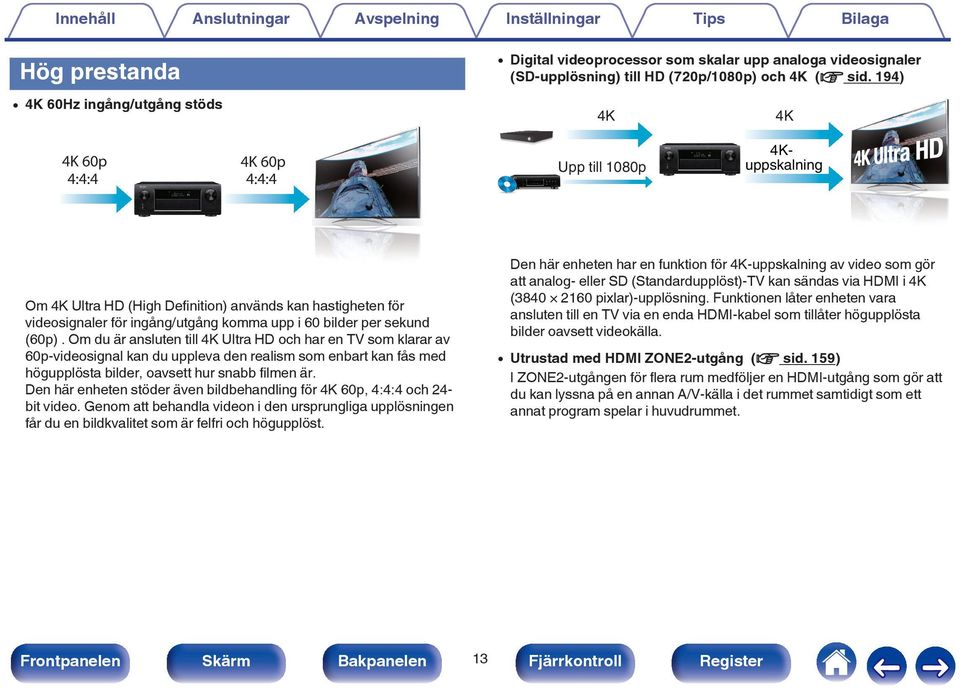 Den här enheten har en funktion för 4K-uppskalning av video som gör att analog- eller SD (Standardupplöst)-TV kan sändas via HDMI i 4K (3840 260 pixlar)-upplösning.