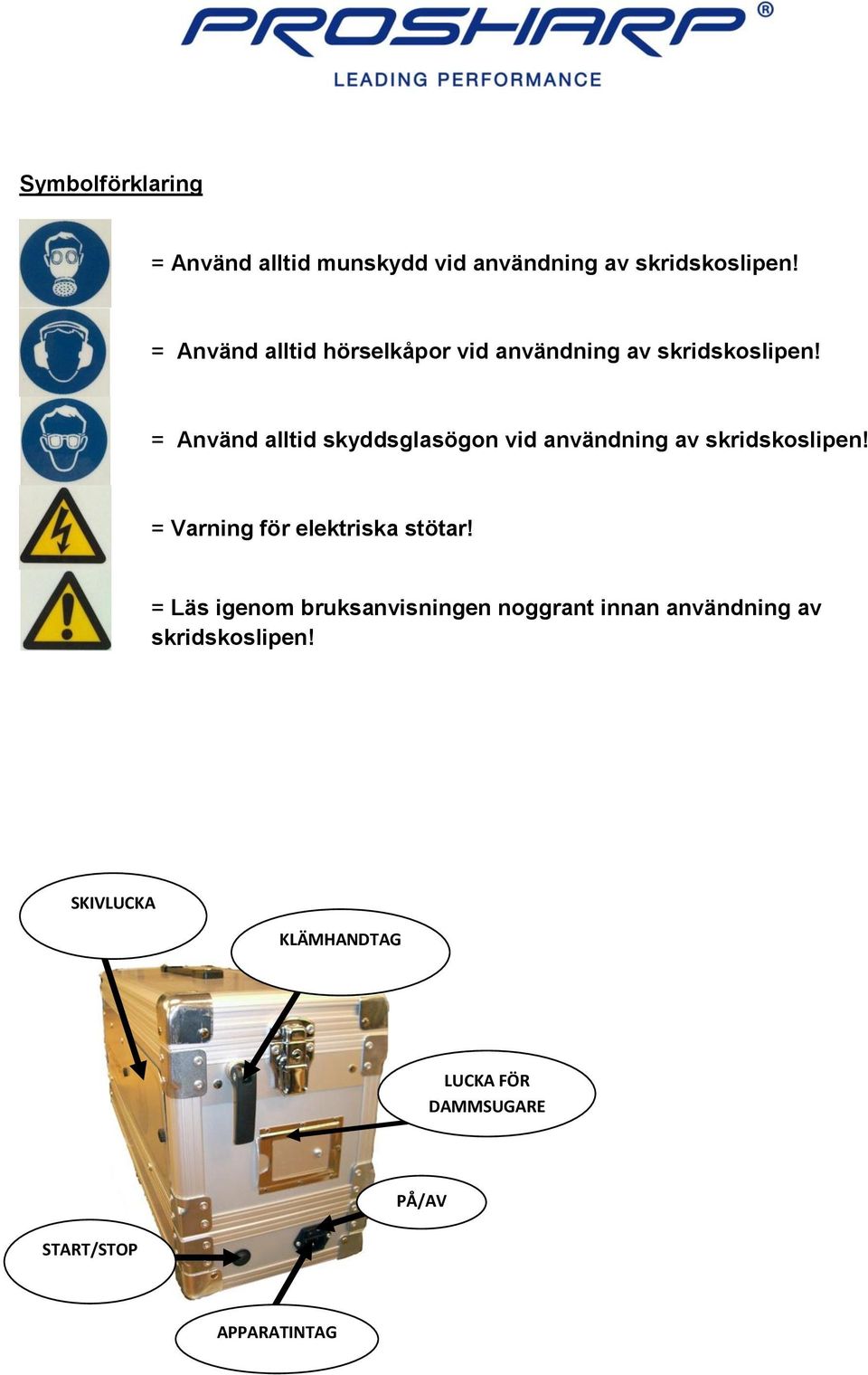 = Använd alltid skyddsglasögon vid användning av skridskoslipen!