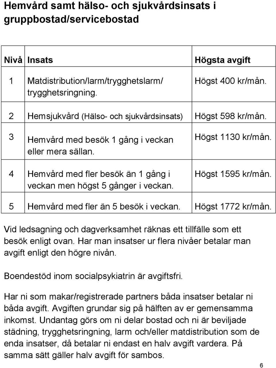 Högst 1130 kr/mån. Högst 1595 kr/mån. 5 Hemvård med fler än 5 besök i veckan. Högst 1772 kr/mån. Vid ledsagning och dagverksamhet räknas ett tillfälle som ett besök enligt ovan.