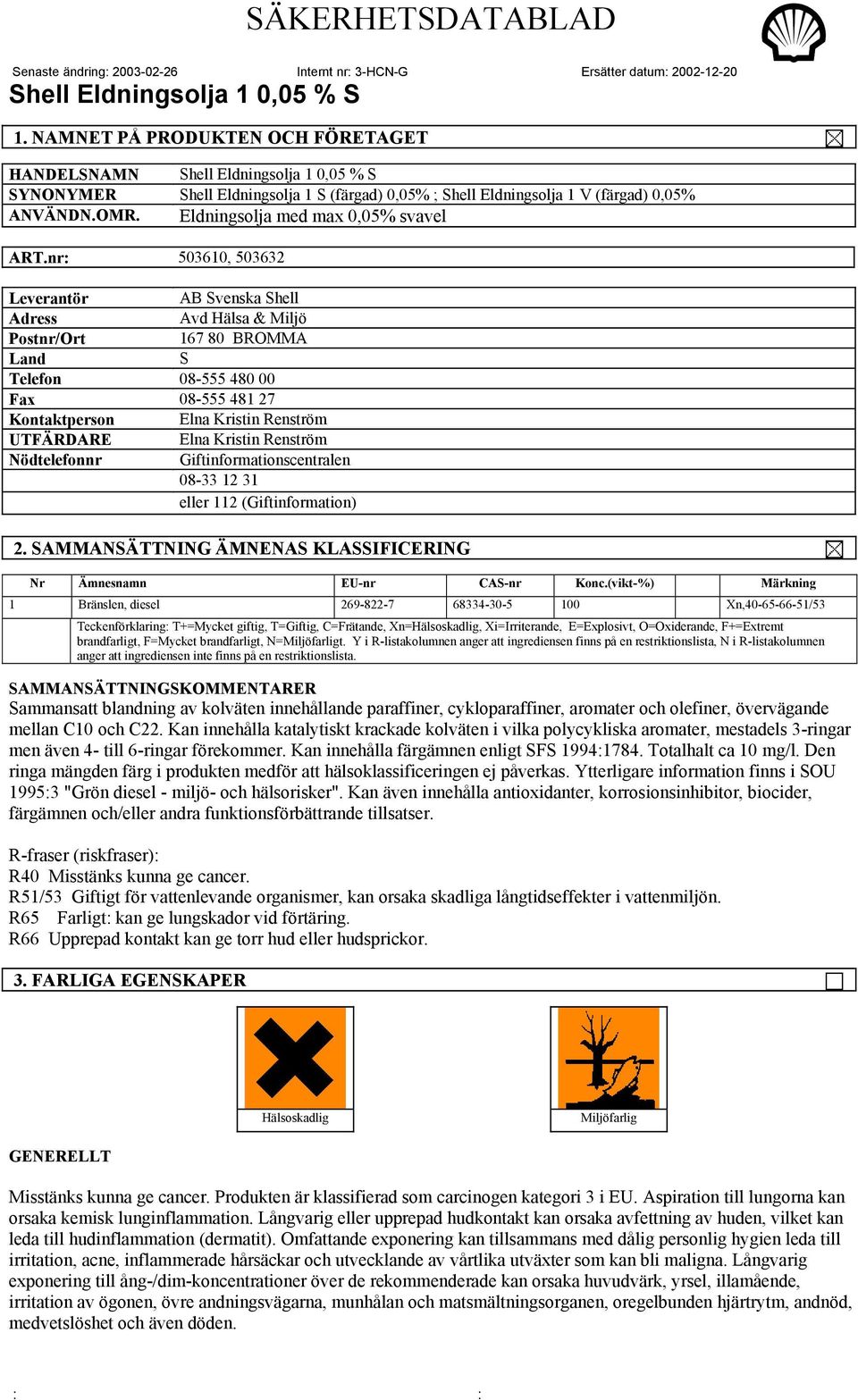 Kristin Renström Nödtelefonnr Giftinformationscentralen 08-33 12 31 eller 112 (Giftinformation) 2. SAMMANSÄTTNING ÄMNENAS KLASSIFICERING Nr Ämnesnamn EU-nr CAS-nr Konc.