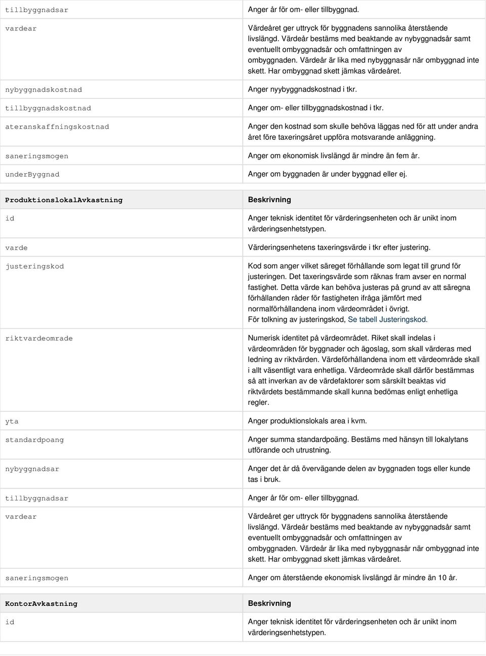 Värdeår är lika med nybyggnasår när ombyggnad inte skett. Har ombyggnad skett jämkas värdeåret. Anger nyybyggnadskostnad i tkr. Anger om- eller tillbyggnadskostnad i tkr.