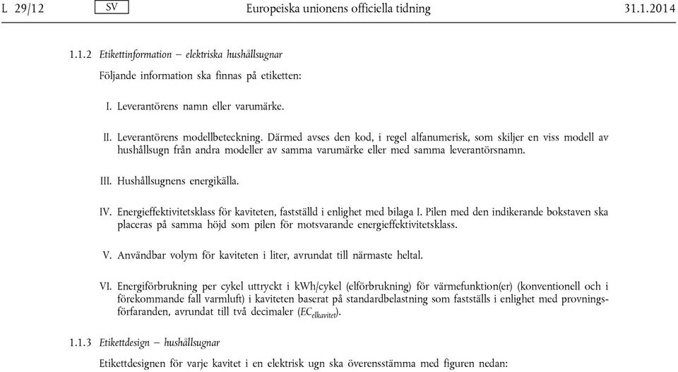 Hushållsugnens energikälla. IV. Energieffektivitetsklass för kaviteten, fastställd i enlighet med bilaga I.