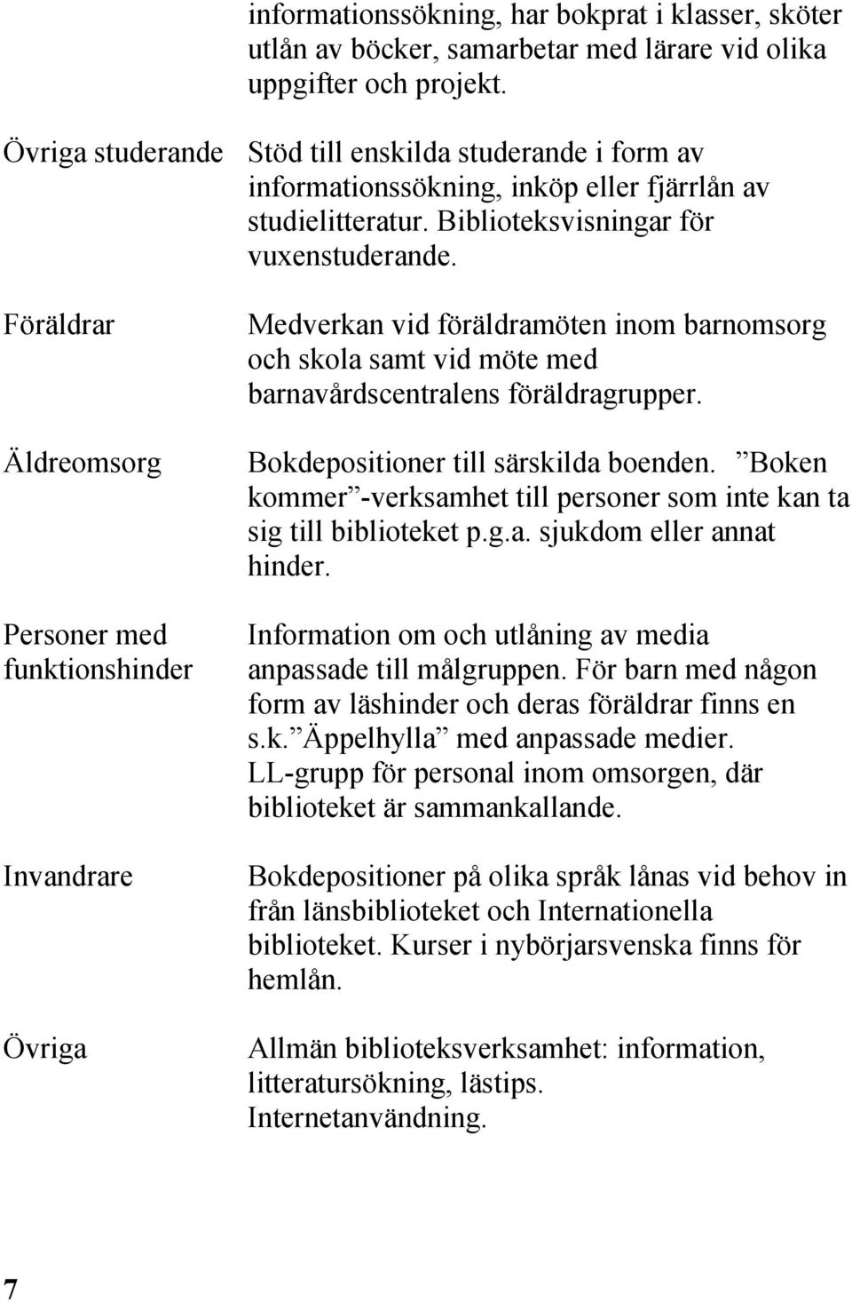 Biblioteksvisningar för vuxenstuderande. Medverkan vid föräldramöten inom barnomsorg och skola samt vid möte med barnavårdscentralens föräldragrupper. Bokdepositioner till särskilda boenden.