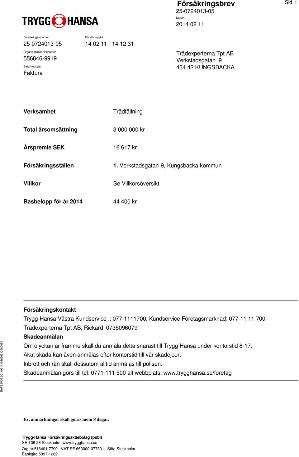 Verkstadsgatan 9, Kungsbacka kommun Villkor Se Villkorsöversikt Basbelopp för år 2014 44 400 kr EAFB2V06 20140211103020812500050 Försäkringskontakt Trygg-Hansa Västra Kundservice.