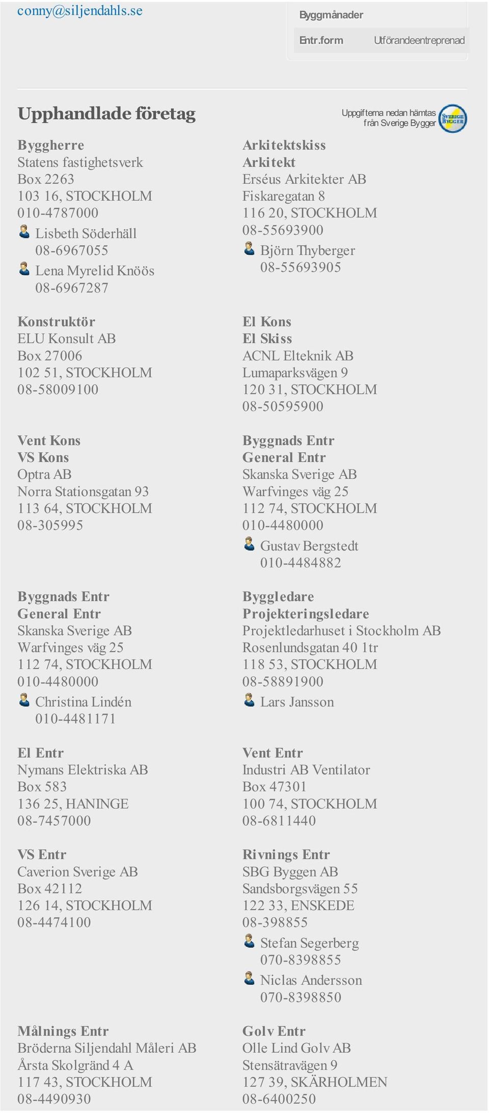 STOCKHOLM 08-58009100 Vent Kons VS Kons Optra AB Norra Stationsgatan 93 113 64, STOCKHOLM 08-305995 Byggnads Entr General Entr Skanska Sverige AB Warfvinges väg 25 112 74, STOCKHOLM 010-4480000