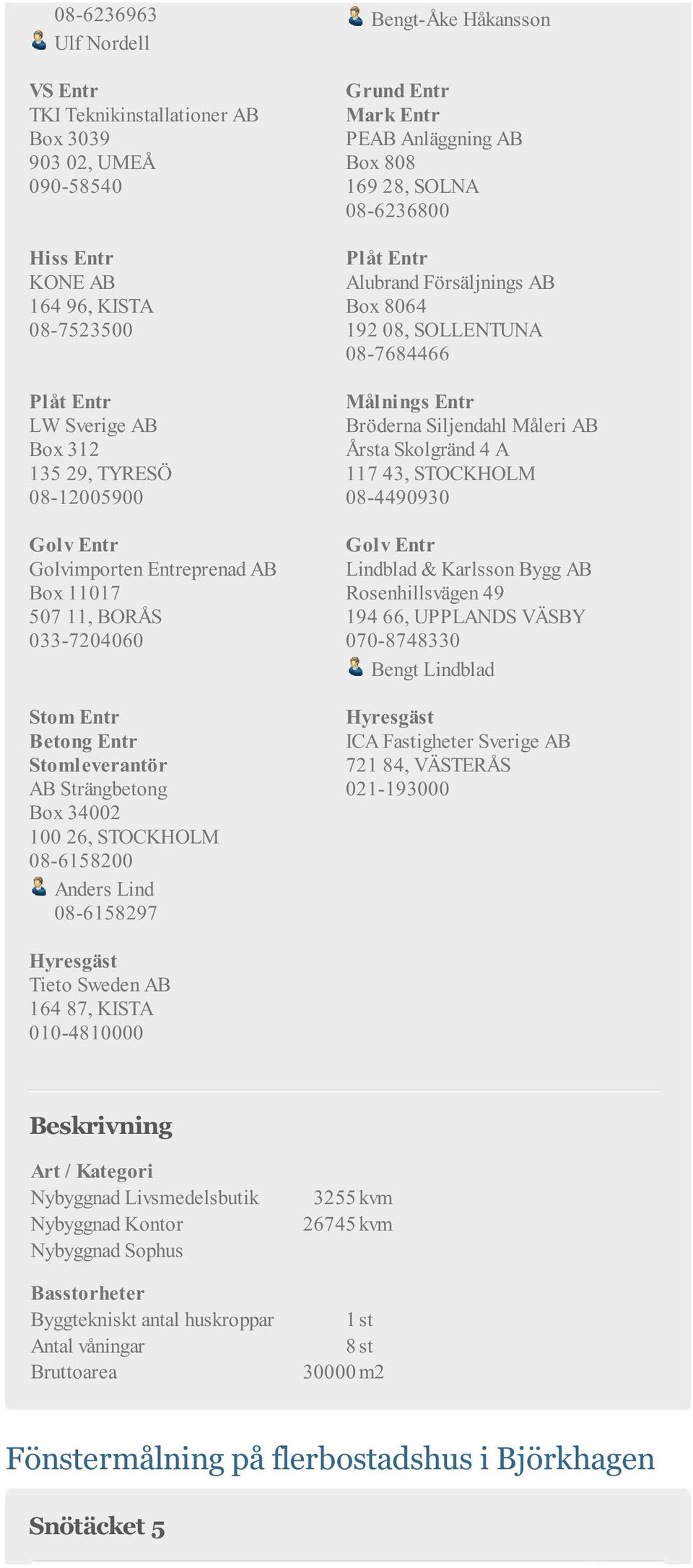 Entr Mark Entr PEAB Anläggning AB Box 808 169 28, SOLNA 08-6236800 Plåt Entr Alubrand Försäljnings AB Box 8064 192 08, SOLLENTUNA 08-7684466 Lindblad & Karlsson Bygg AB Rosenhillsvägen 49 194 66,