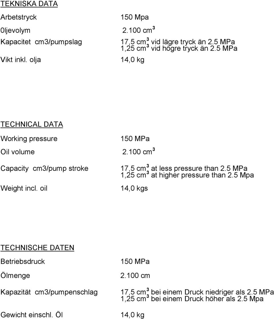 100 cm 3 Capacity cm3/pump stroke Weight incl. oil 17,5 cm 3 at less pressure than 2.5 MPa 1,25 cm 3 at higher pressure than 2.