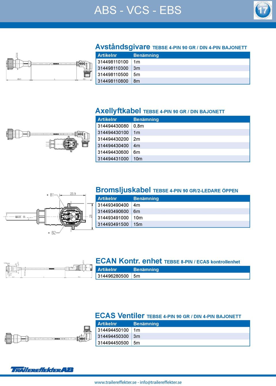 0m Bromsljuskabel TEBSE 4-PIN 90 GR/-LEDARE ÖPPEN 34493490400 4m 34493490600 6m 3449349000 0m 3449349500 5m ECAN Kontr.