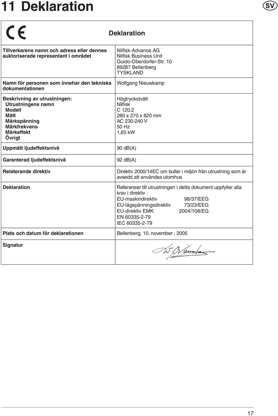 Unit Guido-Oberdorfer-Str. 10 89287 Bellenberg TYSKLAND Wolfgang Nieuwkamp Högtryckstvätt Nilfisk C 120.