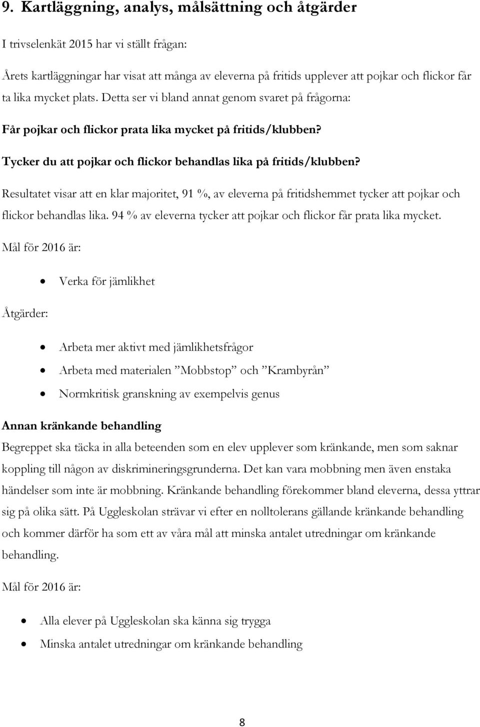 Resultatet visar att en klar majoritet, 91 %, av eleverna på fritidshemmet tycker att pojkar och flickor behandlas lika. 94 % av eleverna tycker att pojkar och flickor får prata lika mycket.