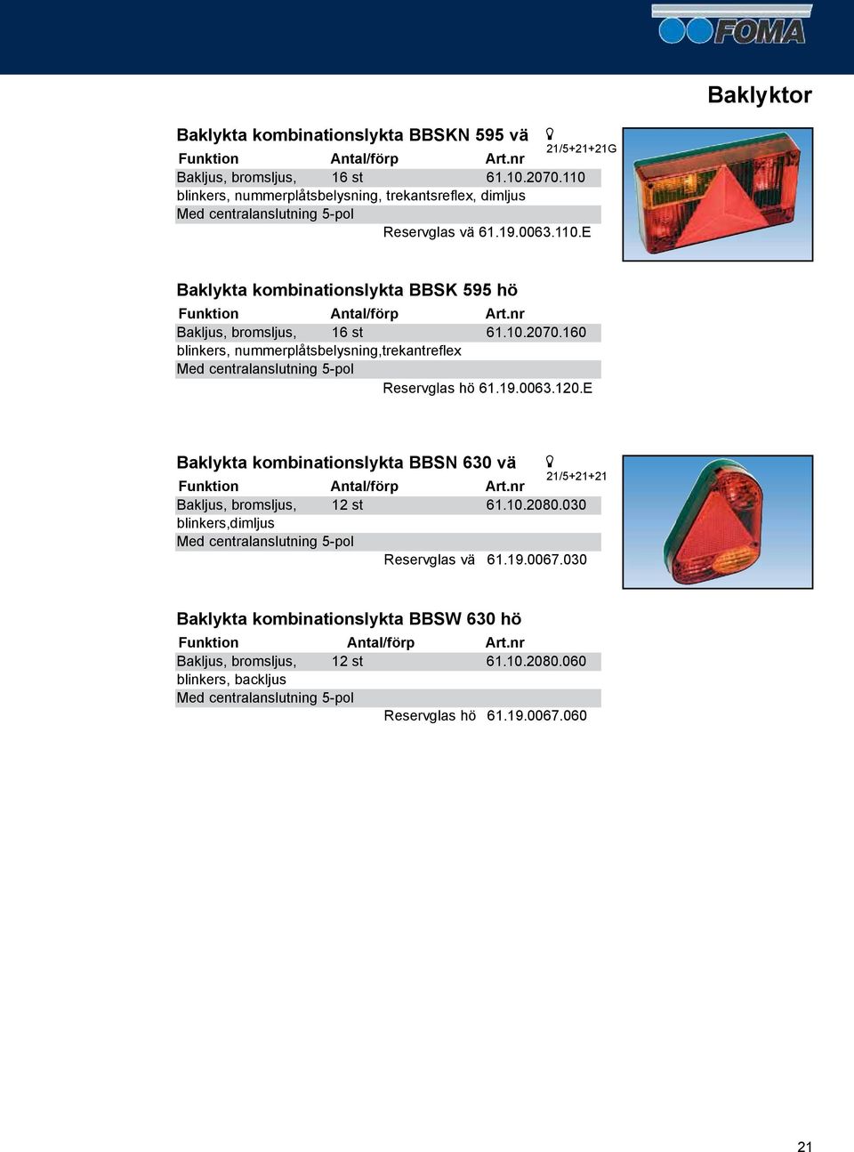 10.2070.160 blinkers, nummerplåtsbelysning,trekantreflex Med centralanslutning 5-pol Reservglas hö 61.19.0063.120.