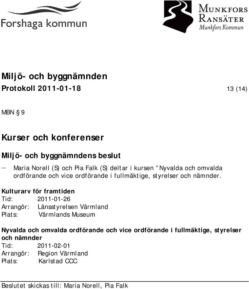 Kulturarv för framtiden Tid: 2011-01-26 Arrangör: Länsstyrelsen Värmland Plats: Värmlands Museum Nyvalda och omvalda
