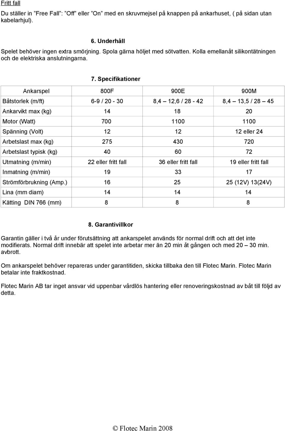 Specifikationer Ankarspel 800F 900E 900M Båtstorlek (m/ft) 6-9 / 20-30 8,4 12,6 / 28-42 8,4 13,5 / 28 45 Ankarvikt max (kg) 14 18 20 Motor (Watt) 700 1100 1100 Spänning (Volt) 12 12 12 eller 24