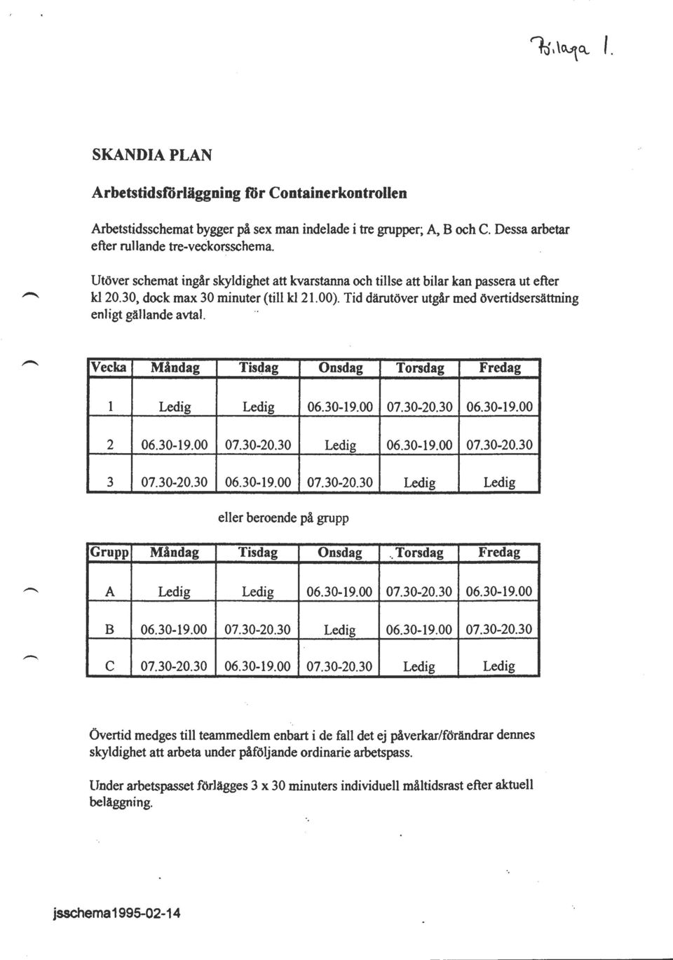 Tid därutöver utgår med övertidsersättning enligt gällande avtal. Vecka Måndag Tis(fag Onsdag Torsdag Fredag 1 Ledig Ledig 06.30-19.00 07.30-20.30 06.30-19.00 2 06.30-19.00 07.30-20.30 Ledig 06.30-19.00 07.30-20.30 3 07.