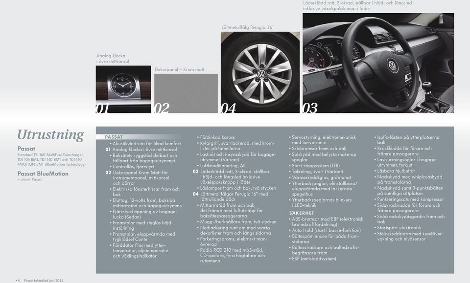 klocka i övre mittkonsol Baksätets ryggstöd delbart och fällbart från bagageutrymmet Centrallås, fjärrstyrt 02 Dekorpanel Krom Matt för instrument panel, mittkonsol och dörrar Elektriska