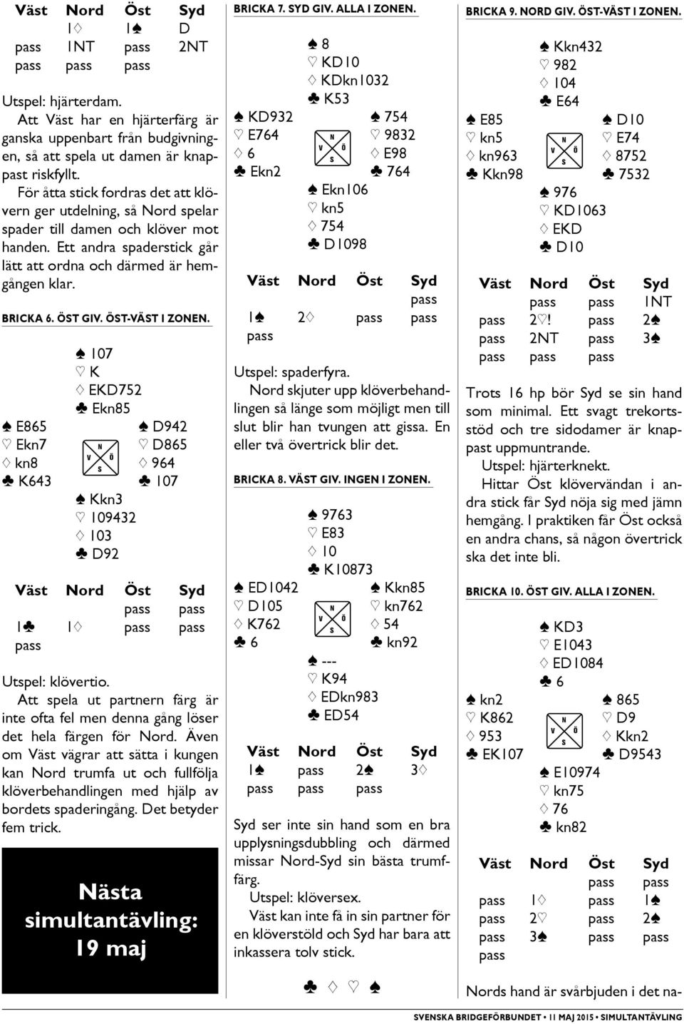 Öst-Väst i zonen. [ 107 ] K { EKD752 } Ekn85 [ E865 [ D942 ] Ekn7 N ] D865 { kn8 { 964 } K643 [ Kkn3 ] 109432 { 103 } D92 } 107 Väst Nord Öst yd 1} 1{ Utspel: klövertio.