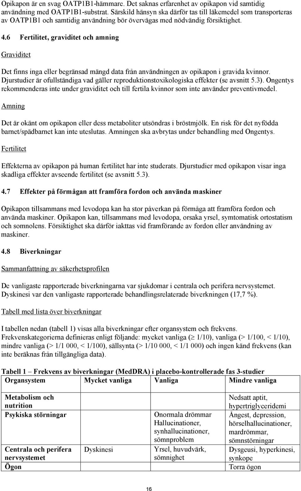 6 Fertilitet, graviditet och amning Graviditet Det finns inga eller begränsad mängd data från användningen av opikapon i gravida kvinnor.