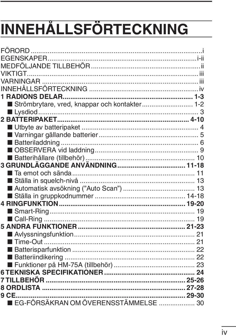 .. 10 3 GRUNDLÄGGANDE ANVÄNDNING... 11-18 Ta emot och sända... 11 Ställa in squelch-nivå... 13 Automatisk avsökning ( Auto Scan )... 13 Ställa in gruppkodnummer... 14-18 4 RINGFUNKTION.