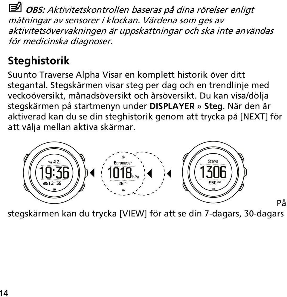 Steghistorik Suunto Traverse Alpha Visar en komplett historik över ditt stegantal.