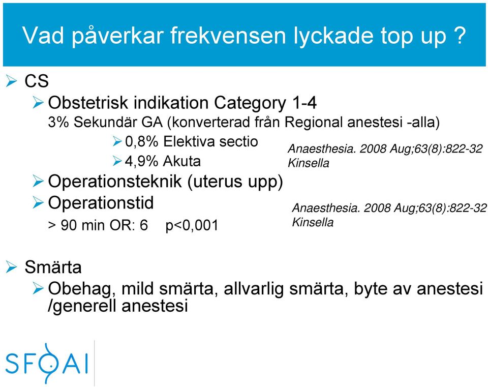 Elektiva sectio 4,9% Akuta Operationsteknik (uterus upp) Operationstid > 90 min OR: 6 p<0,001