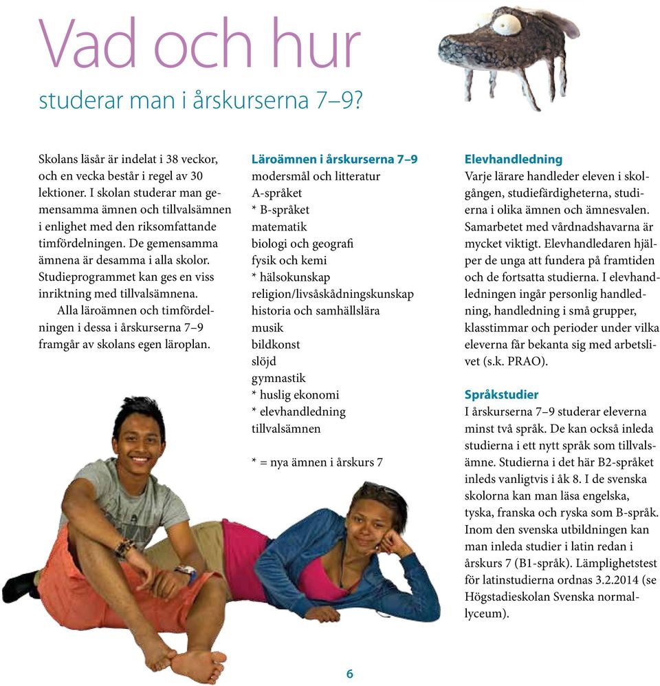 Studieprogrammet kan ges en viss inriktning med tillvalsämnena. Alla läroämnen och timfördelningen i dessa i årskurserna 7 9 framgår av skolans egen läroplan.