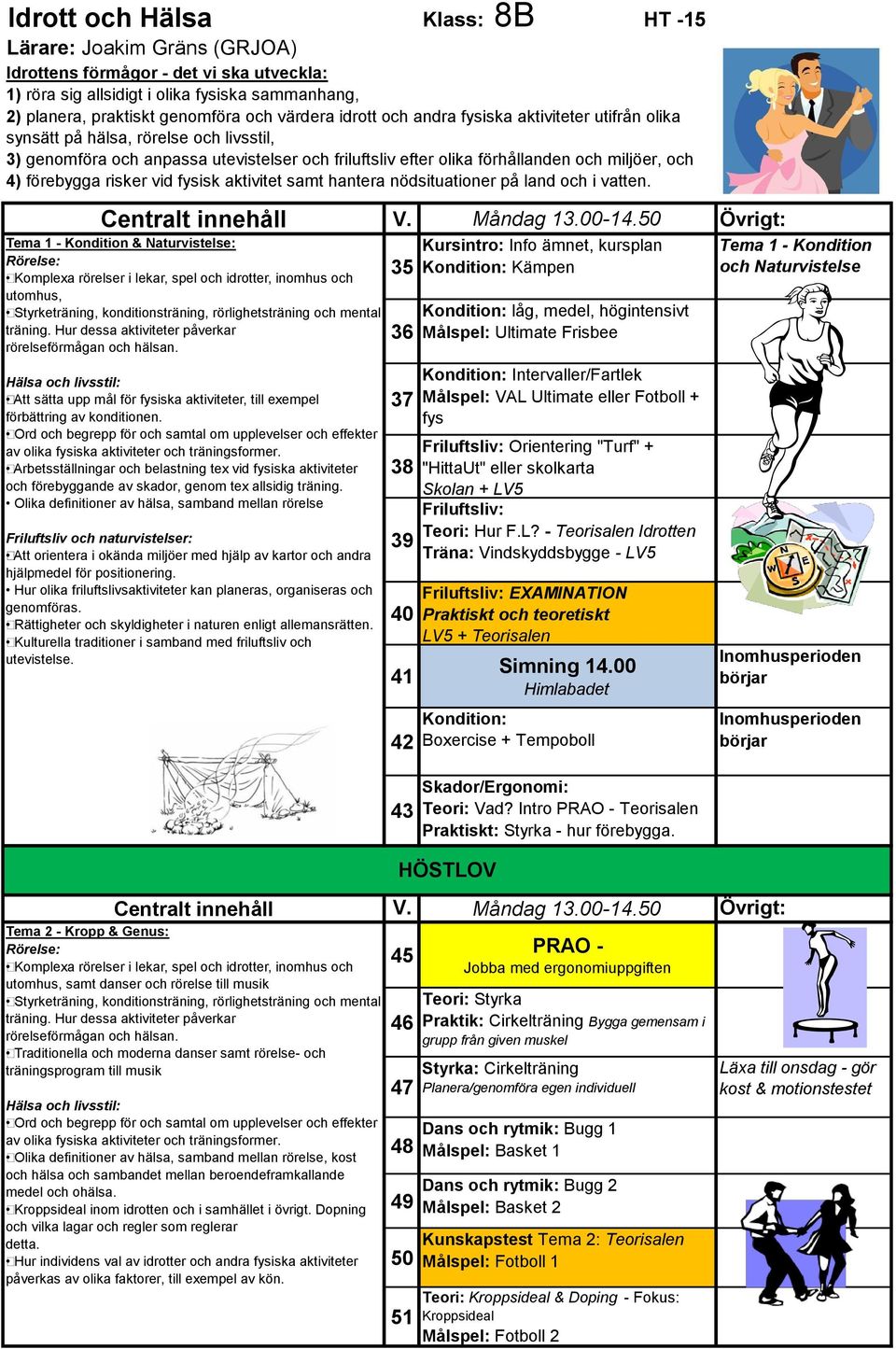 Kursintro: Info ämnet, kursplan Kämpen låg, medel, högintensivt Ultimate Frisbee Intervaller/Fartlek VAL Ultimate eller Fotboll + fys Friluftsliv: "Turf" + "HittaUt" eller skolkarta Skolan +